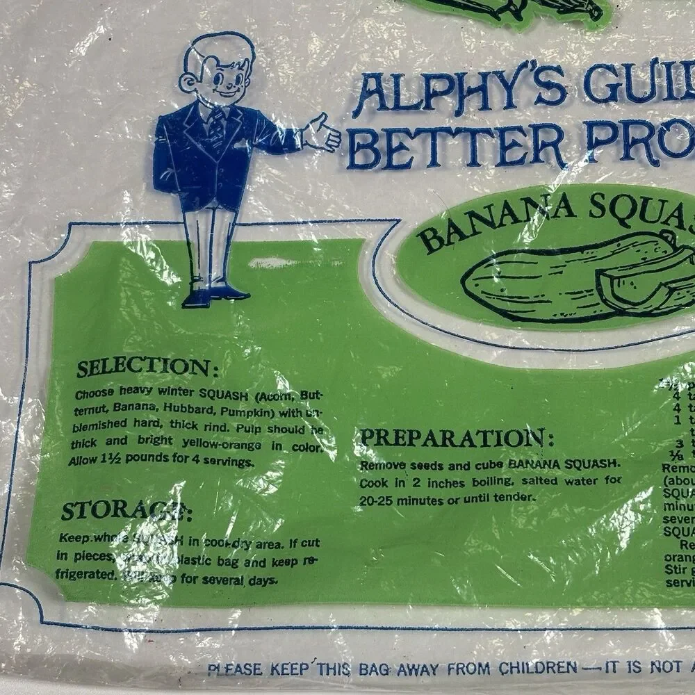 Vintage Alpha Beta Alphy’s Guide Produce Bag Banana Squash Recipe Grocery Store